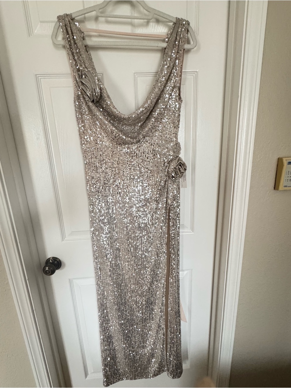 For Love & Lemons Silver Sequin Cowl Neck Maxi Dress